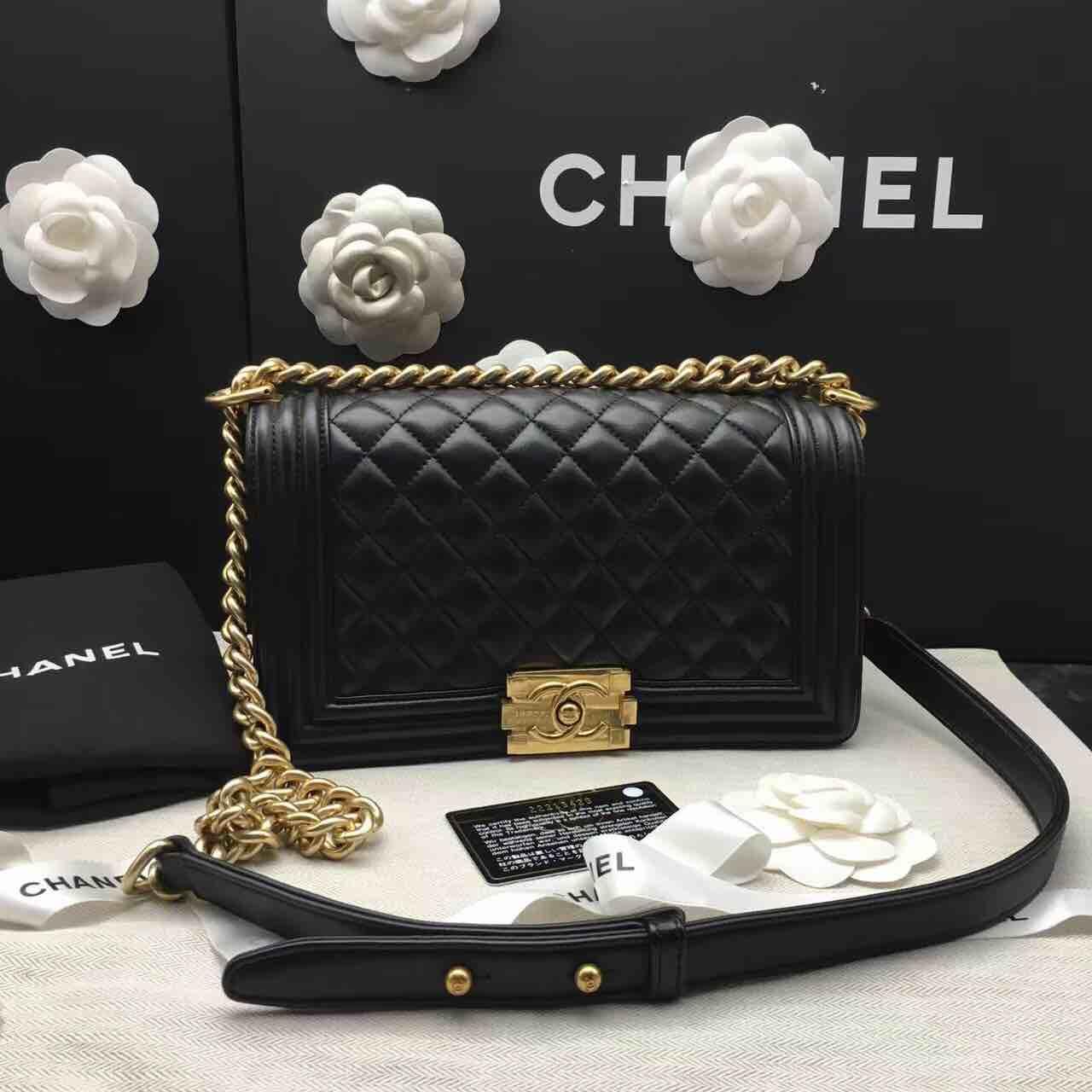 chanel香奈儿boy黑金羊皮中号女士单肩包