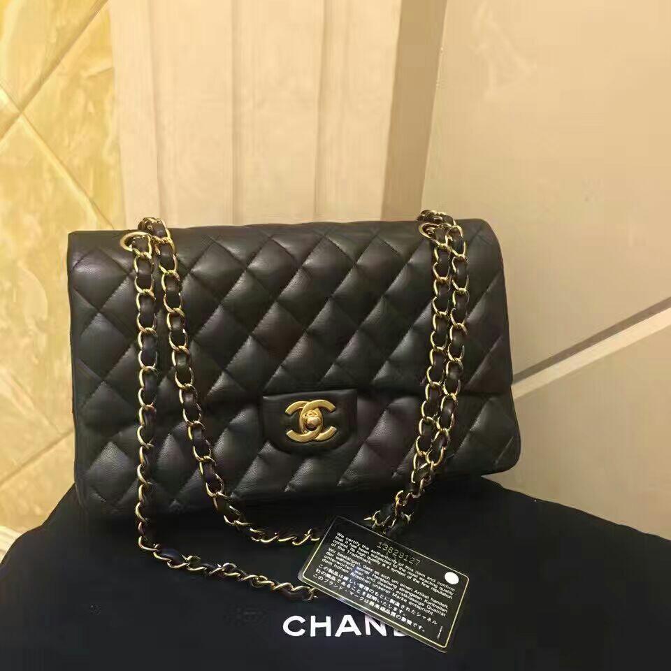 chanel香奈儿cf中号黑金羊皮单肩包