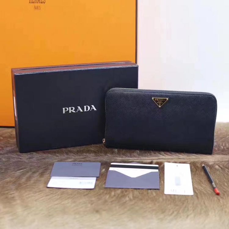 prada 普拉达经典三角标十字纹牛皮钱包