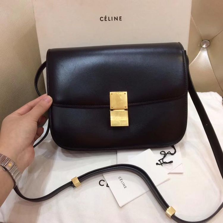 celine 赛琳黑金牛皮box单肩包