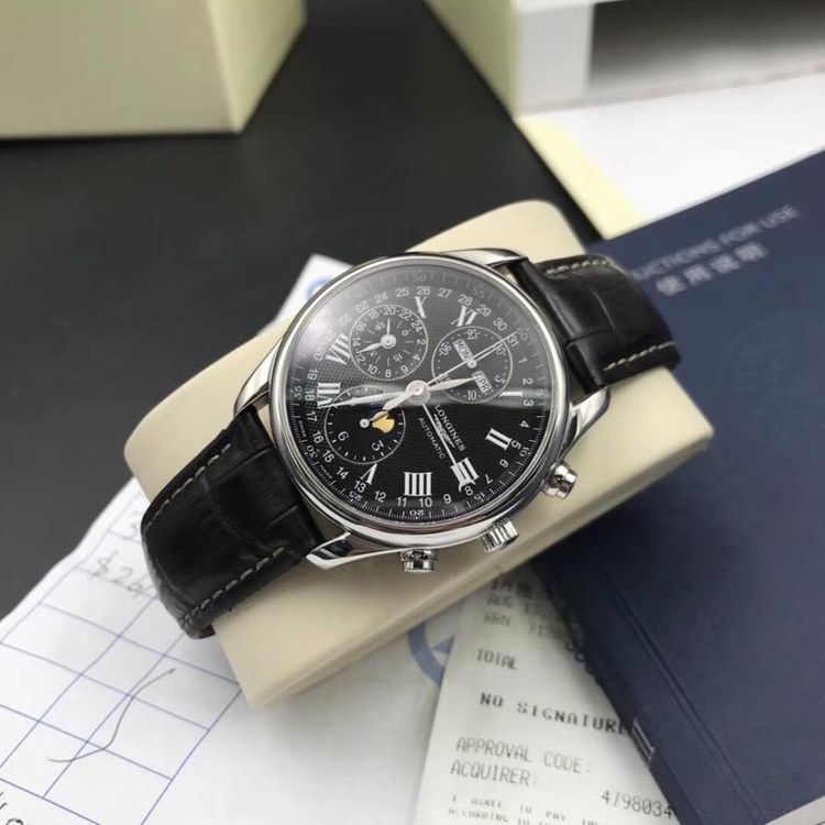 longines 浪琴名匠系列月相黑盘皮带机械男表