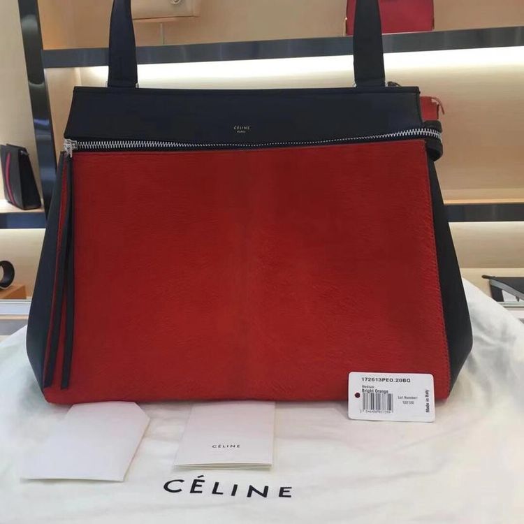 celine 赛琳全皮拼红色马毛单肩包