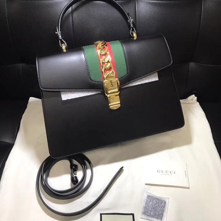 gucci 古驰sylvie系列中号女士黑色皮革手提包