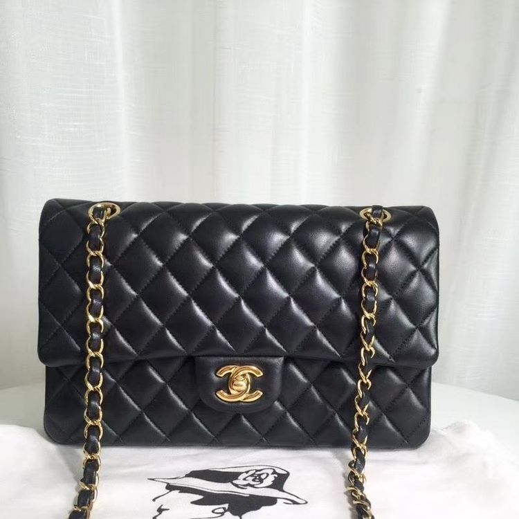 chanel 香奈儿cf黑金羊皮中号单肩包