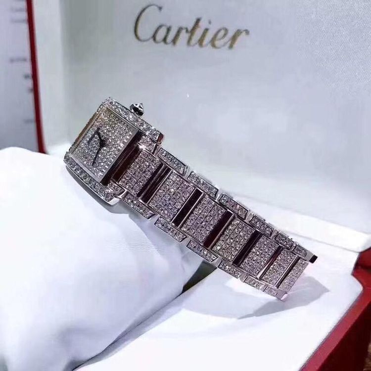 cartier 卡地亚坦克系列白钢后钻满天星石英女表