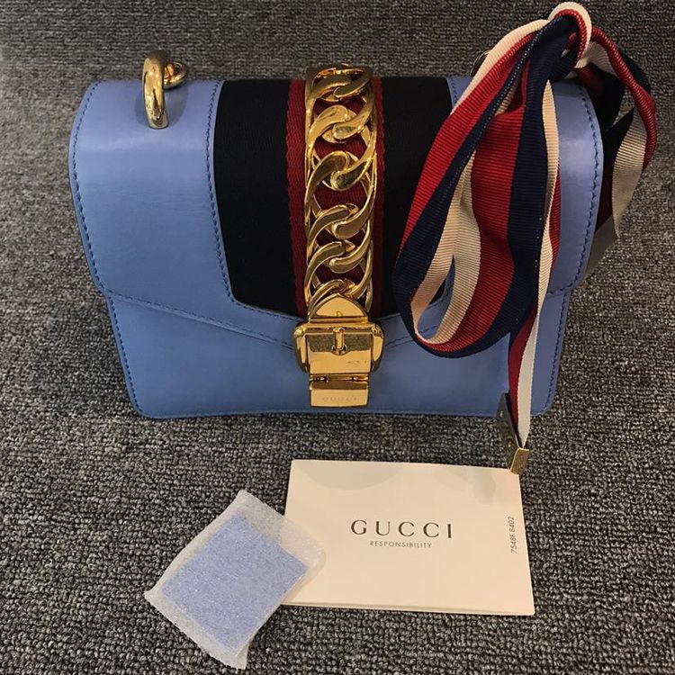 gucci 古驰sylvie迷你链条拼丝带缎带手提包