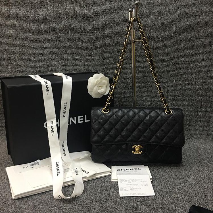 chanel 香奈儿黑金cf中号荔枝牛皮单肩包