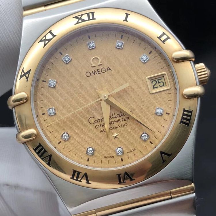 omega 欧米茄星座全金条间金钻刻男士自动机械表