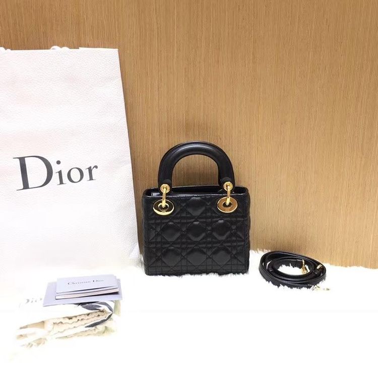 dior 迪奥黑金mini羊皮三格戴妃手提包