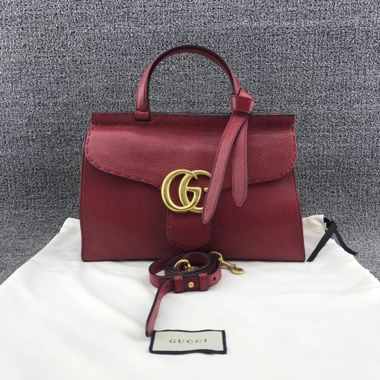 gucci 古驰marmont红色荔枝纹牛皮复古双g金属扣女士翻盖手提包