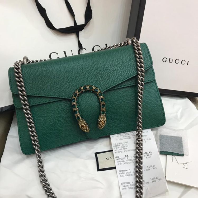 gucci 古驰祖母绿全皮中号酒神水晶钻扣虎头链条包