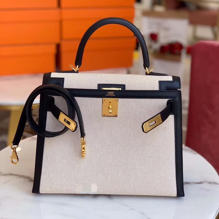 hermès 爱马仕 kelly32黑金黑金帆布拼单肩包