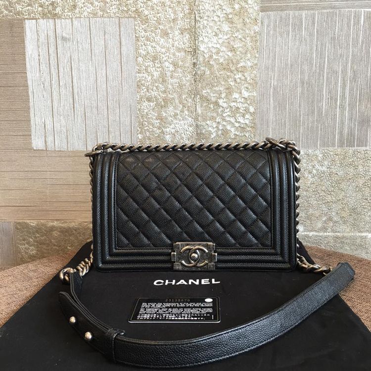 chanel 香奈儿荔枝皮leboy中号黑银单肩包