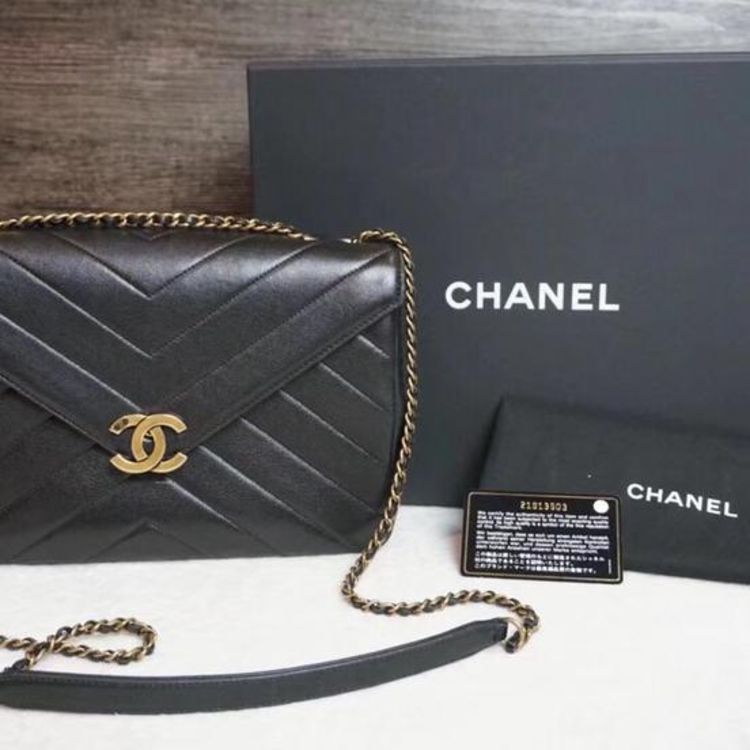 chanel 香奈儿全皮斜纹金色双c扣双链信封包