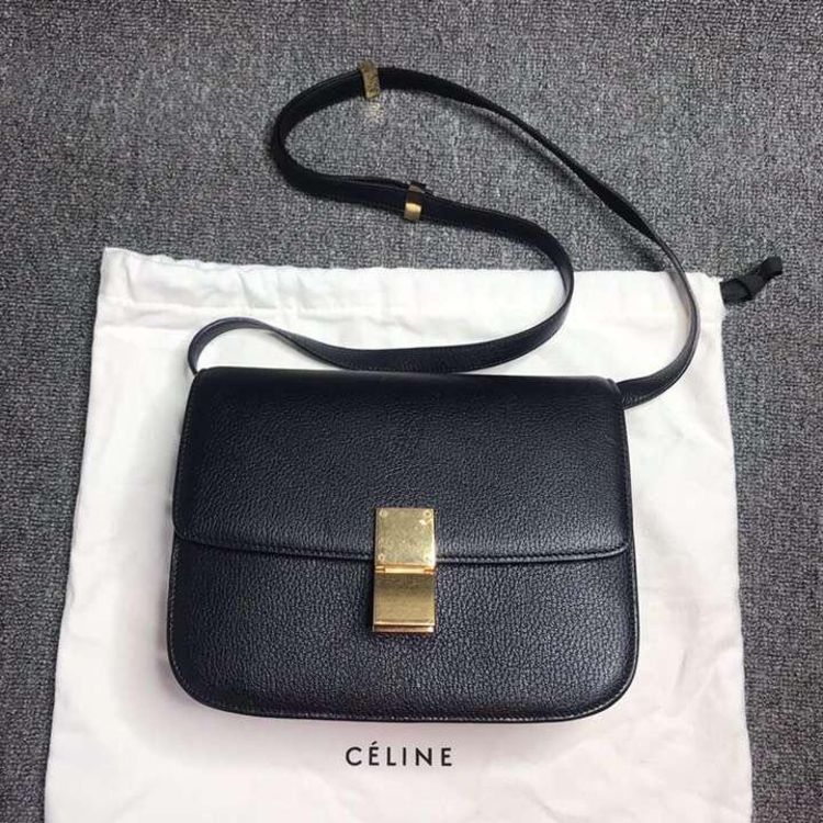 celine 赛琳黑色金扣牛皮荔枝纹box中号单肩包