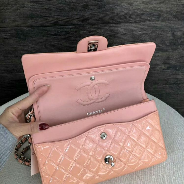 chanel 香奈儿漆皮cf中号粉色双盖经典款手提包