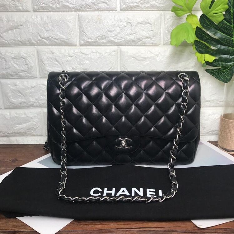 chanel 香奈儿黑色羊皮双盖大号cf单肩包