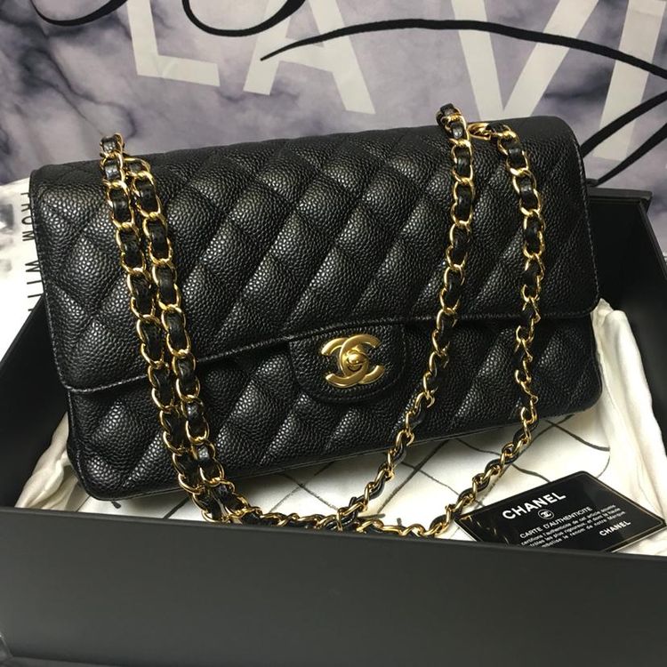 chanel 香奈儿cf中号黑金扣荔枝皮单肩包