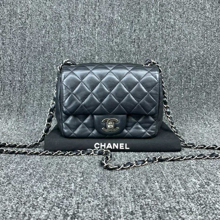 chanel 香奈儿cf黑色羊皮菱格方胖子mini链条单肩包