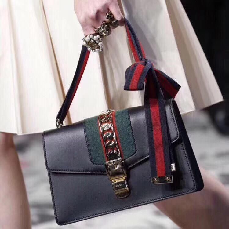 gucci 古驰sylvie黑色中号丝带单肩包