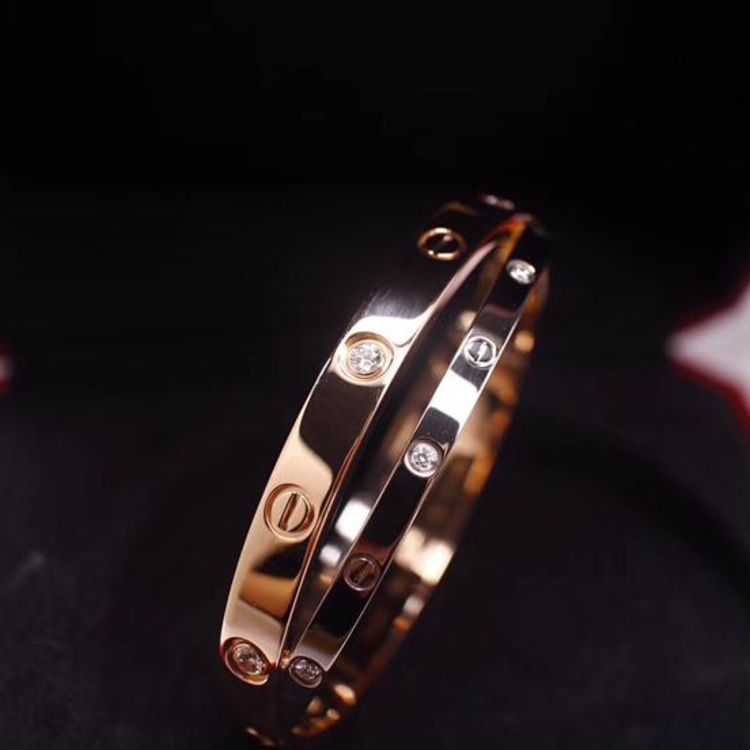 cartier 卡地亚love系列18k玫瑰金白金12颗钻石手镯