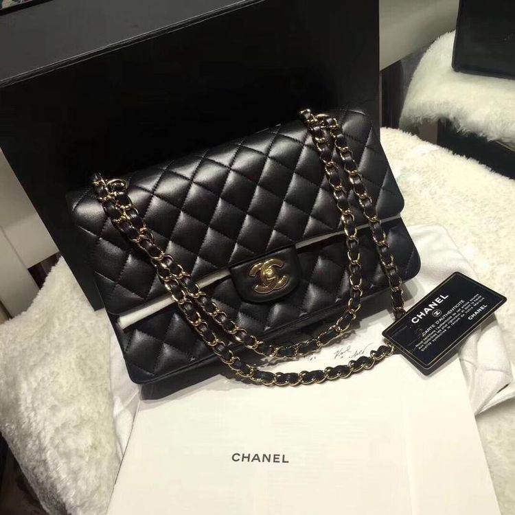 chanel 香奈儿经典黑金羊皮中号cf链条单肩包