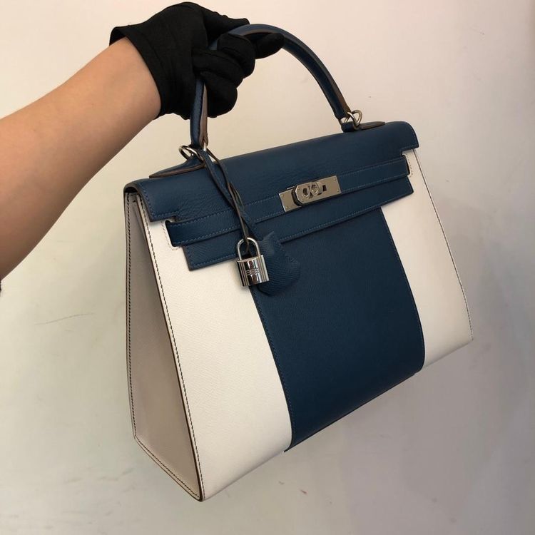 hermès 爱马仕kelly32 club蓝白拼色手提包