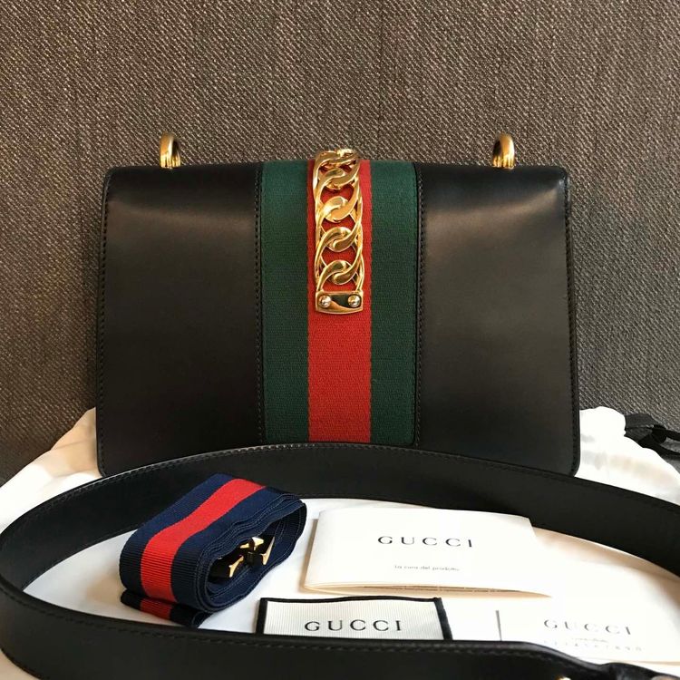 gucci 古驰sylvie系列黑色中号丝带单肩包