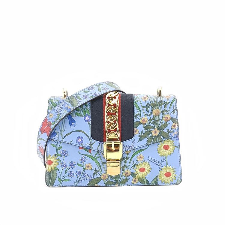 gucci 古驰sylvie蓝色花卉单肩包