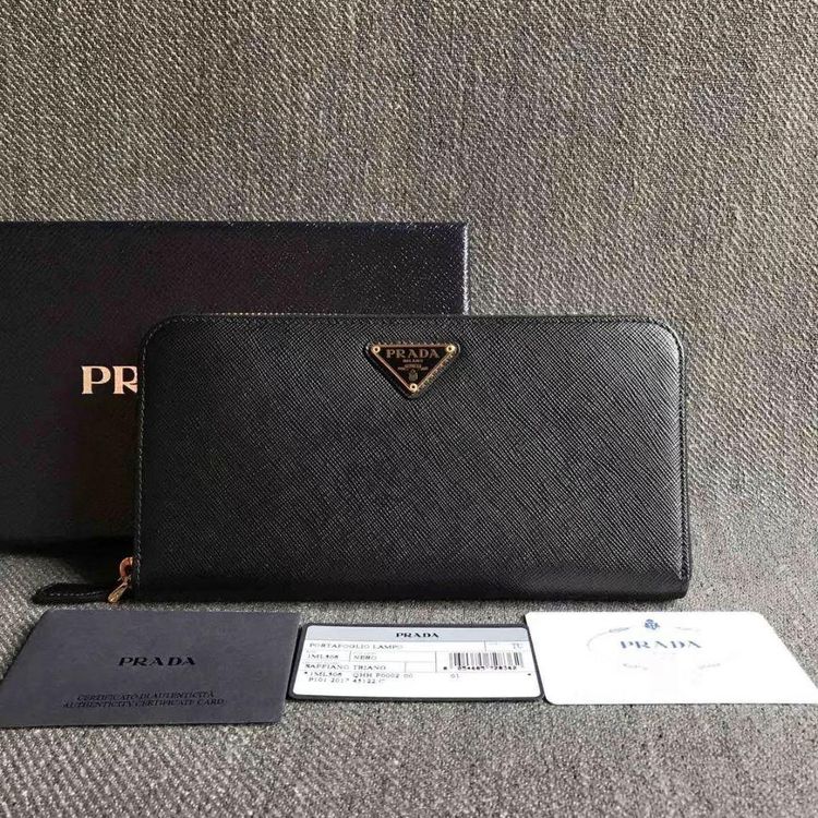 prada 普拉达黑色十字纹三角标长款拉链钱包