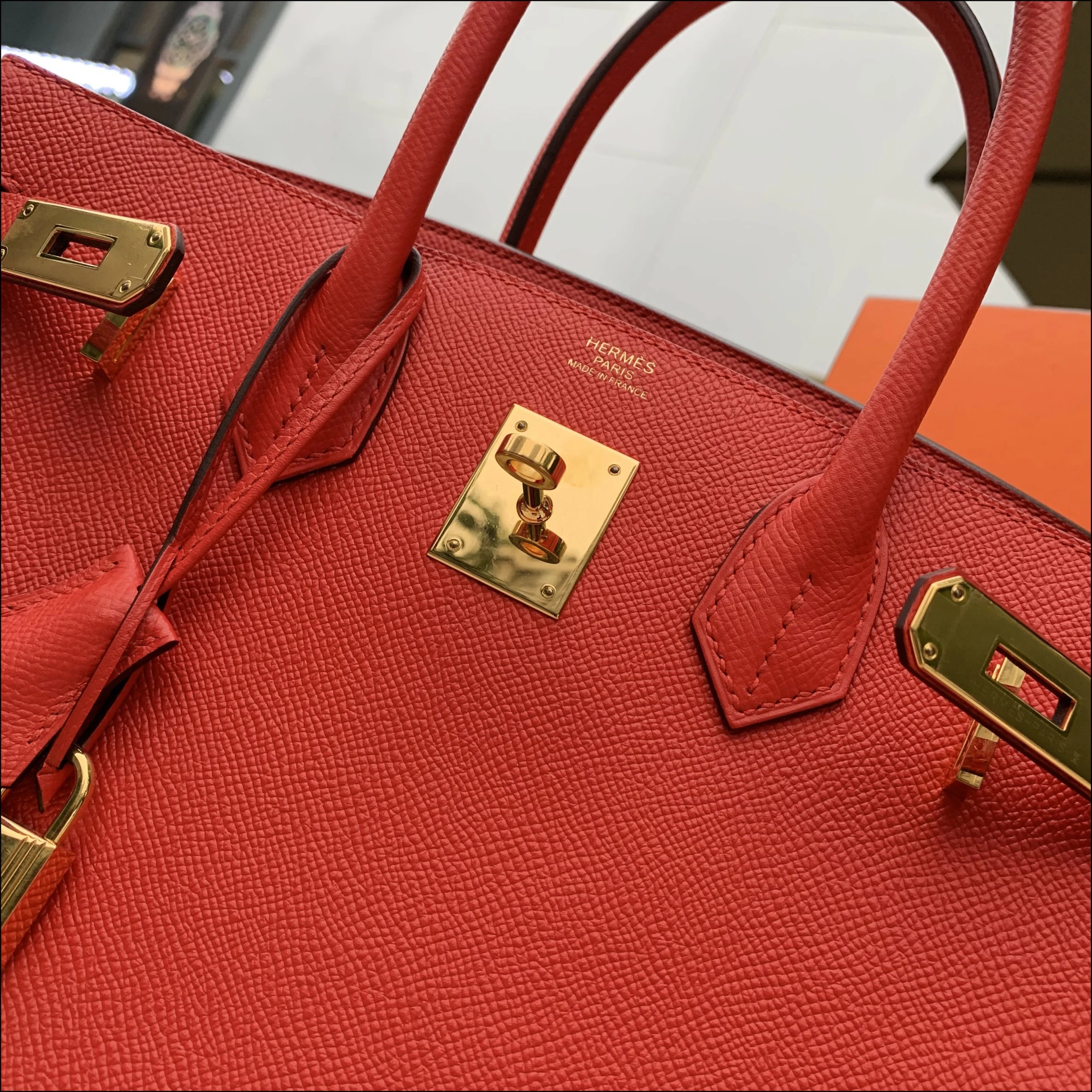 爱马仕a刻birkin30铂金包ep皮红色金扣外缝手提女包