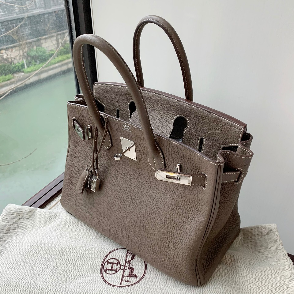 爱马仕框q刻birkin30大象灰togo皮银扣女士铂金包