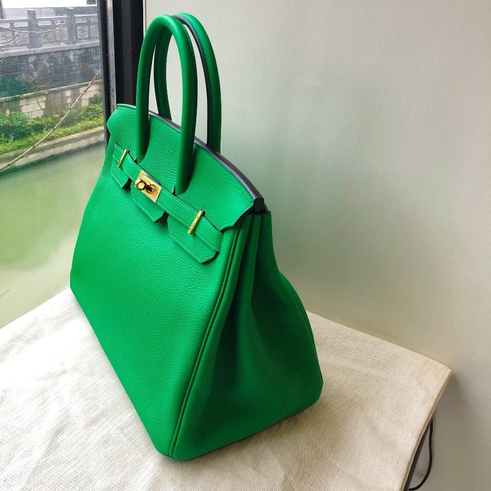 爱马仕框r刻birkin35竹子绿togo皮金扣女士铂金包