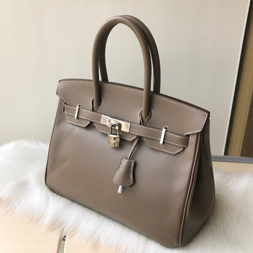 爱马仕 框o刻 birkin30大象灰ep皮 银扣女士铂金包