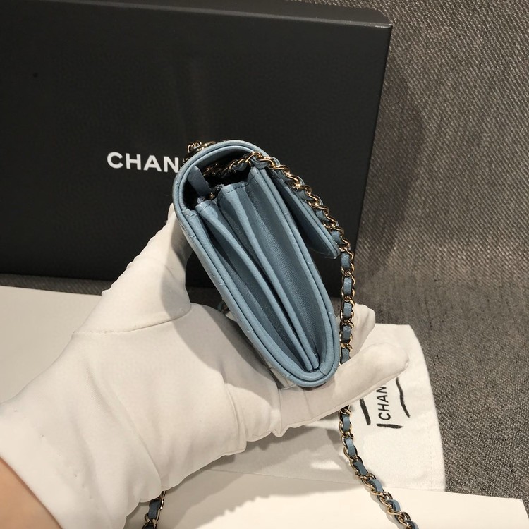 chanel香奈儿雾霾蓝淡金扣斜纹单肩链条包